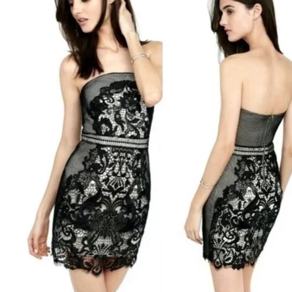 Express Black Lace/Nude Lining Strapless Mini Dress🖤 - Picture 2 of 13
